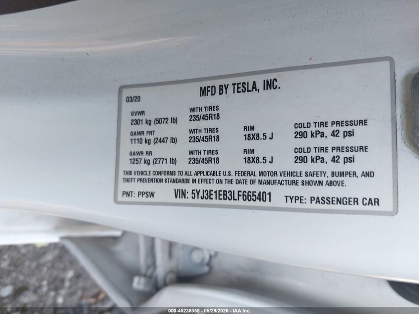 2020 Tesla Model 3 VIN 5YJ3E1EB3LF665401 IAAI salvage auction — RIGHT SIDE, Salvage (New Jersey), sold $4,250 on 2026-07-29 (photo 9)