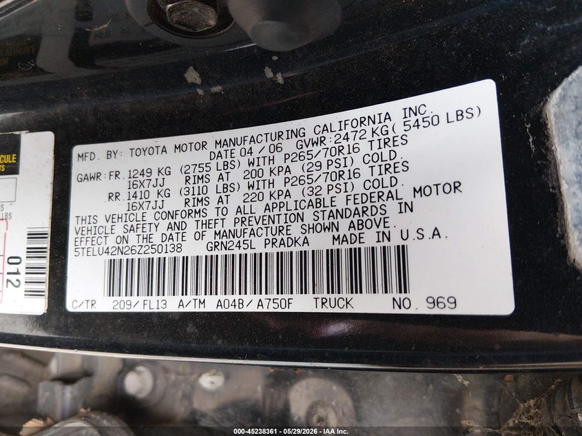 2006 Toyota Tacoma VIN 5TELU42N26Z250138 IAAI salvage auction — NORMAL WEAR, Clear (Montana), sold $2,650 on 2026-07-06 (photo 9)