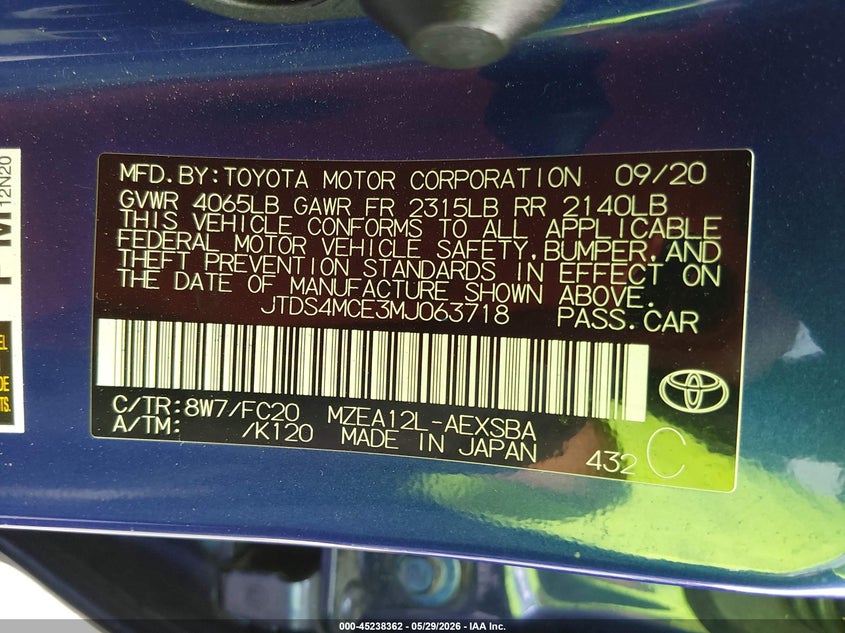 2021 Toyota Corolla VIN JTDS4MCE3MJ063718 IAAI salvage auction — REAR END, Salvage Title, sold $3,550 on 2026-07-30 (photo 9)