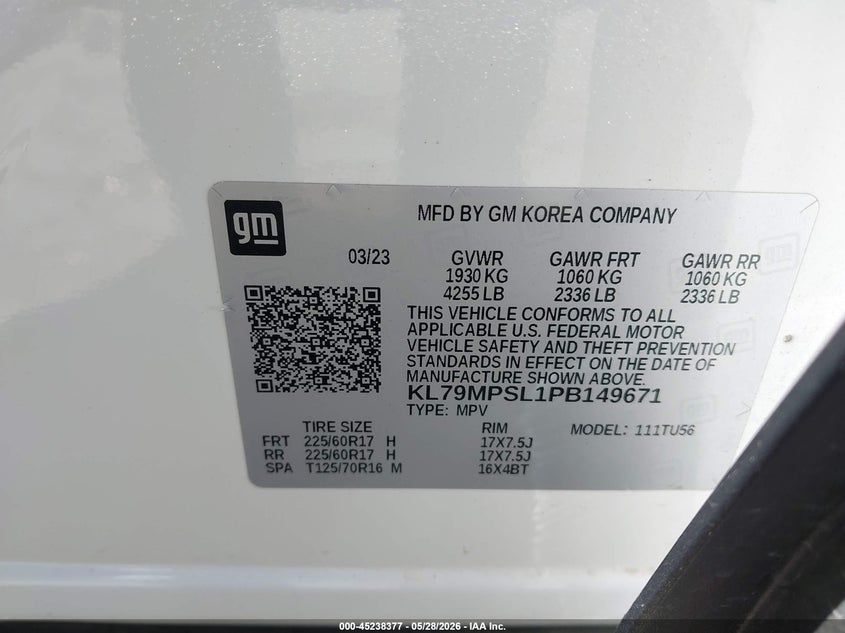 2023 Chevrolet Trailblazer VIN KL79MPSL1PB149671 IAAI salvage auction — RIGHT FRONT, Salvage Title, sold $4,300 on 2026-07-09 (photo 9)