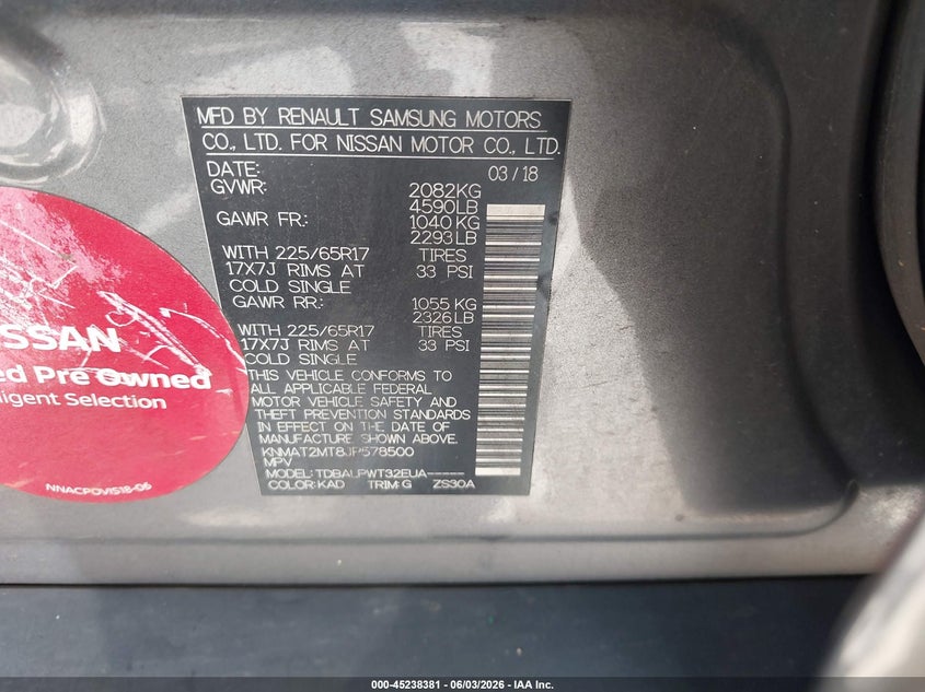 2018 Nissan Rogue VIN KNMAT2MT8JP578500 IAAI salvage auction — FRONT END, Salvage Title, sold $1,300 on 2026-07-06 (photo 9)