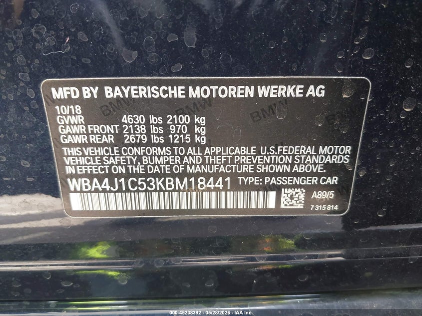 2019 BMW 4er VIN WBA4J1C53KBM18441 IAAI salvage auction — LEFT SIDE, Salvage Title, sold $4,650 on 2026-07-07 (photo 9)