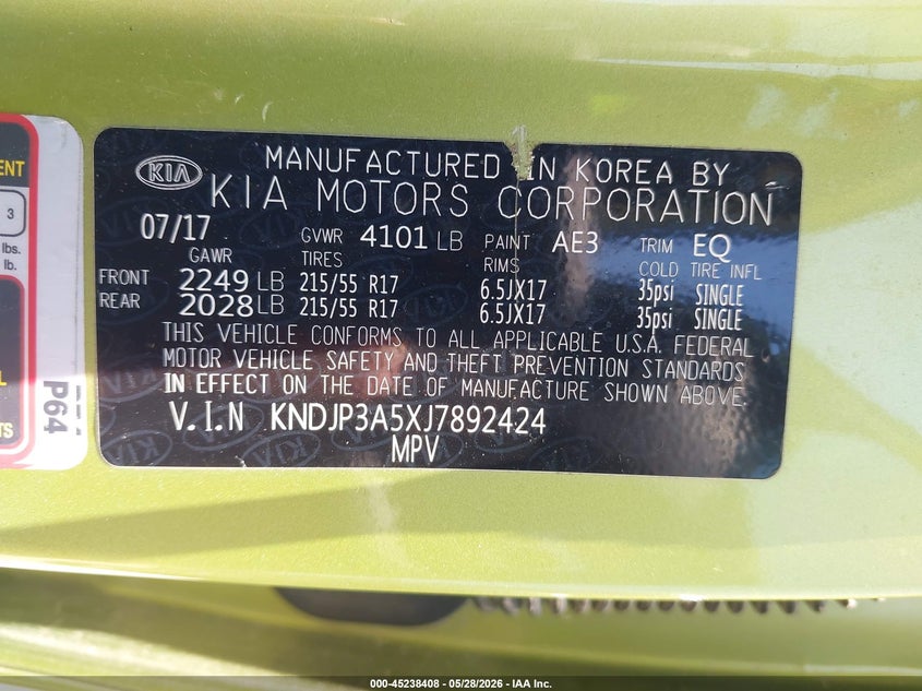 2018 Kia Soul VIN KNDJP3A5XJ7892424 IAAI salvage auction — LEFT FRONT, Salvage Title, sold $1,100 on 2026-07-23 (photo 9)