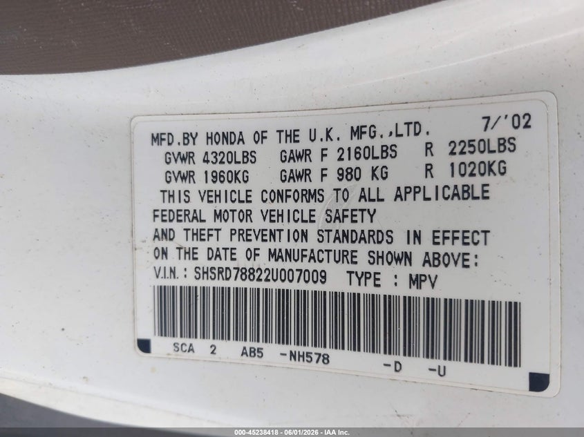2002 Honda Cr-v VIN SHSRD78822U007009 IAAI salvage auction — LEFT SIDE, Salvage (Georgia), sold $650 on 2026-07-15 (photo 9)