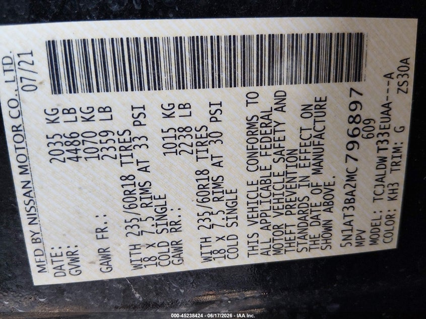 2021 Nissan Rogue VIN 5N1AT3BA2MC796897 IAAI salvage auction — REAR END, Salvage Title, sold $4,500 on 2026-08-01 (photo 9)
