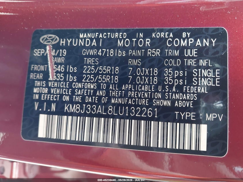 2020 Hyundai Tucson VIN KM8J33AL8LU132261 IAAI salvage auction — FRONT END, Salvage Title, sold $3,550 on 2026-07-27 (photo 9)