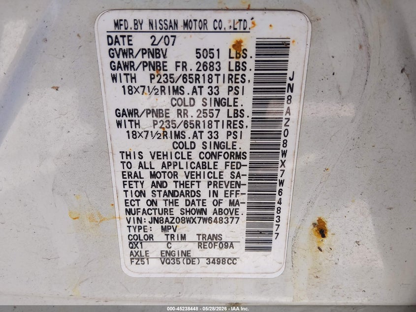 2007 Nissan Murano VIN JN8AZ08WX7W648377 IAAI salvage auction — LEFT & RIGHT, Salvage (Texas), sold $25 on 2026-07-14 (photo 9)