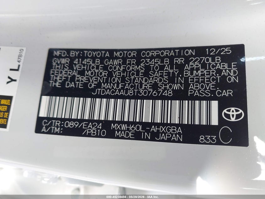 2026 Toyota Prius VIN JTDACAAU8T3076748 IAAI salvage auction — REAR END, Salvage (California), sold $16,100 on 2026-07-30 (photo 9)