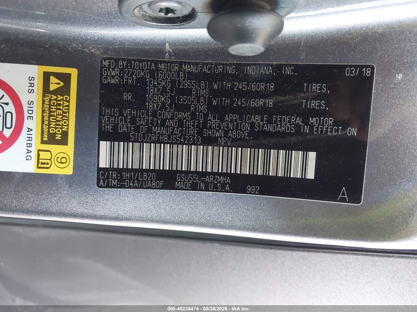 2018 Toyota Highlander VIN 5TDJZRFH8JS542313 IAAI salvage auction — FRONT END, Salvage Title, sold $6,450 on 2026-07-30 (photo 9)