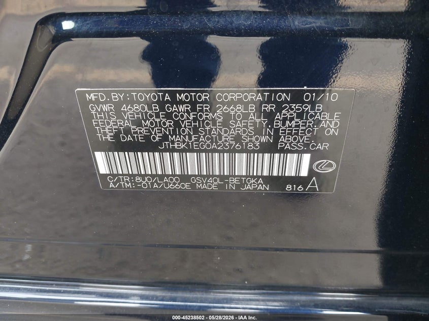 2010 Lexus ES VIN JTHBK1EG0A2376183 IAAI salvage auction — FRONT END, Salvage (California), sold $2,725 on 2026-07-15 (photo 9)