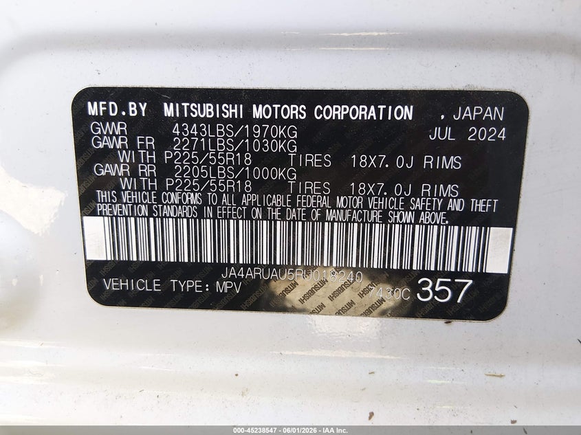 2024 Mitsubishi Outlander VIN JA4ARUAU5RU018240 IAAI salvage auction — WATER/FLOOD, Salvage Title, sold $5,000 on 2026-07-28 (photo 9)