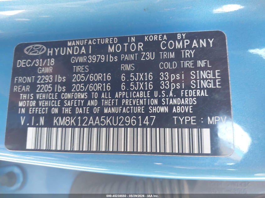 2019 Hyundai Kona VIN KM8K12AA5KU296147 IAAI salvage auction — NORMAL WEAR, Clear (North Carolina), sold $275 on 2026-07-15 (photo 9)