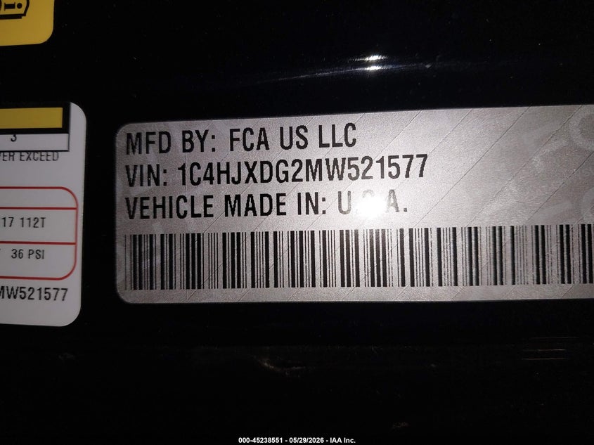 2021 Jeep Wrangler / VIN 1C4HJXDG2MW521577 IAAI salvage auction — FRONT END, Clear (Tennessee), sold $8,200 on 2026-07-29 (photo 9)
