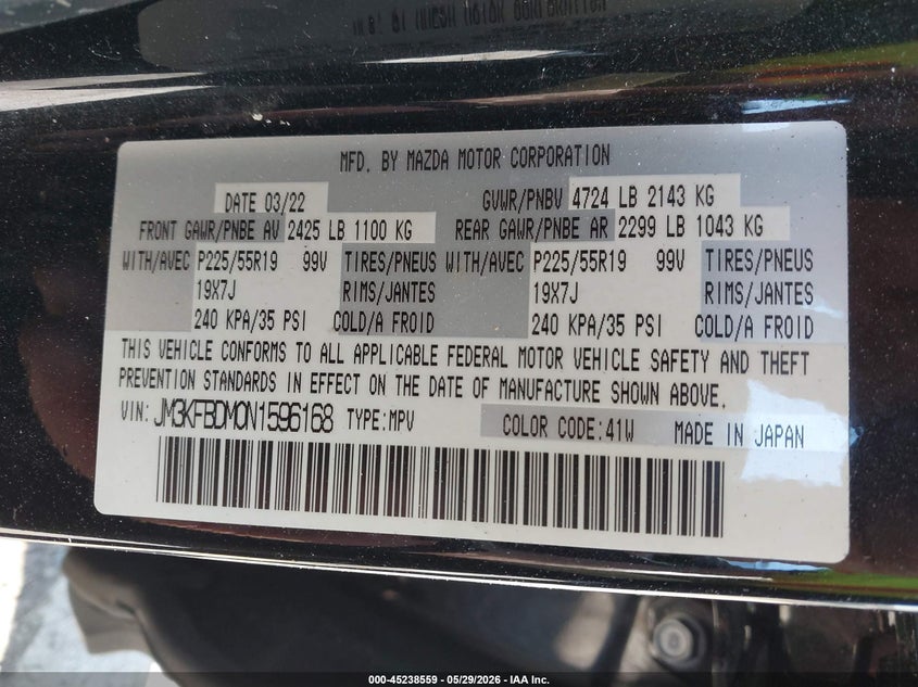 2022 Mazda Cx-5 VIN JM3KFBDM0N1596168 IAAI salvage auction — ROLLOVER, Salvage Title, sold $1,300 on 2026-07-28 (photo 9)