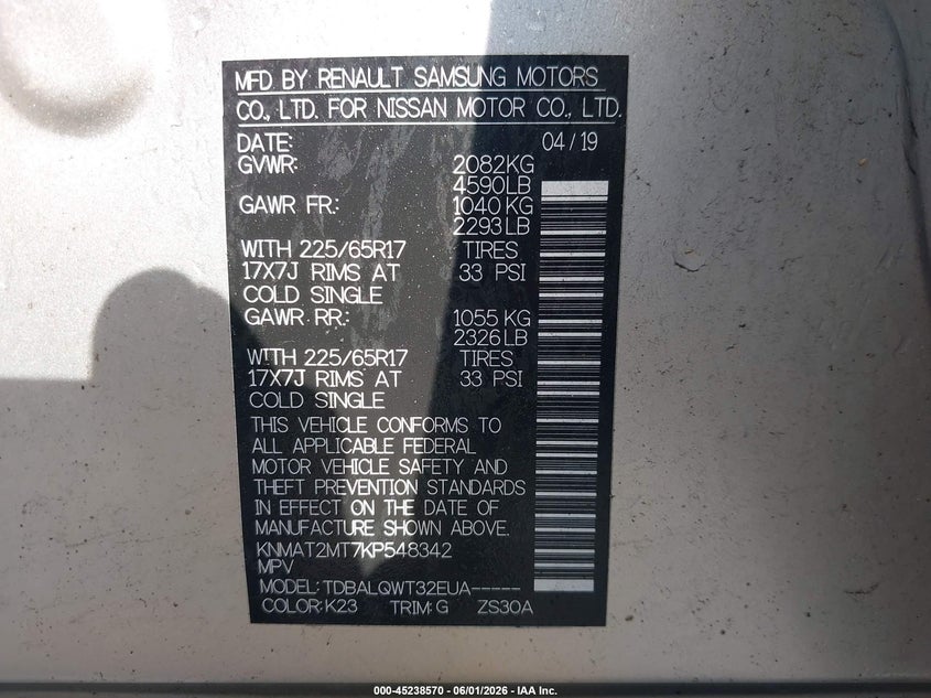 2019 Nissan Rogue VIN KNMAT2MT7KP548342 IAAI salvage auction — FRONT END, Salvage Title, sold $2,600 on 2026-07-09 (photo 9)