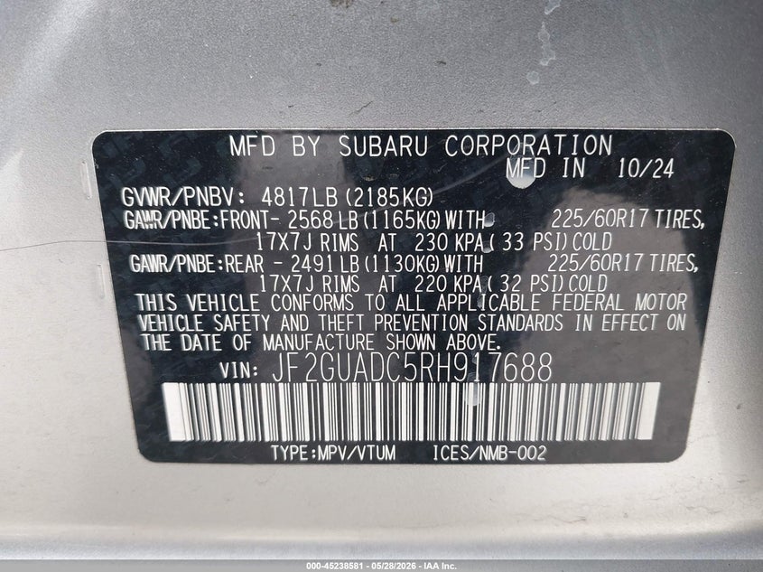 2024 Subaru Xv VIN JF2GUADC5RH917688 IAAI salvage auction — SIDE, Salvage (California), sold $5,700 on 2026-07-22 (photo 9)