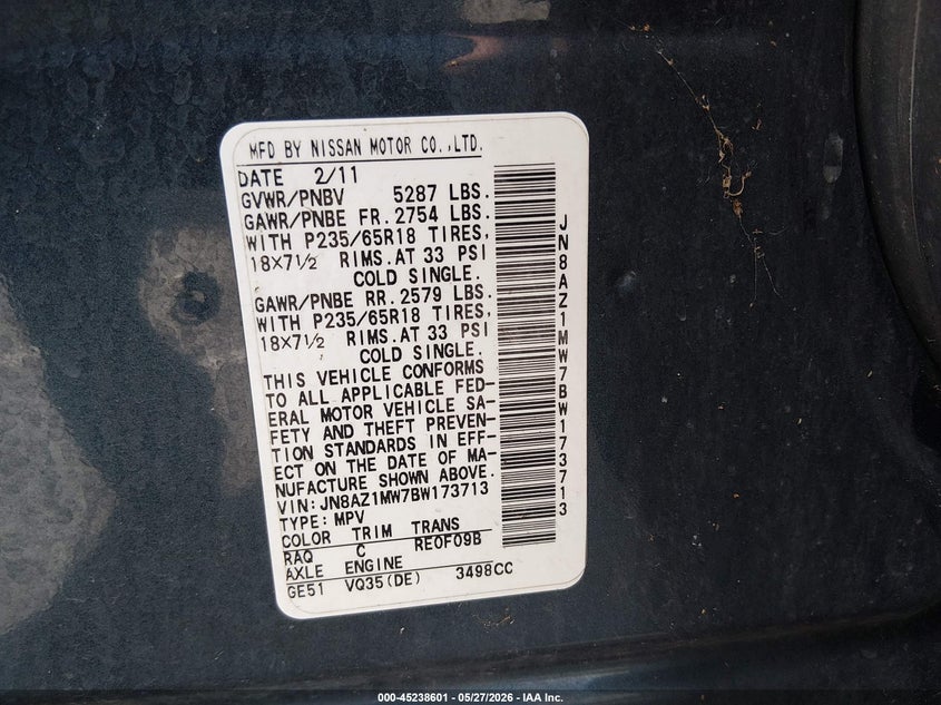 2011 Nissan Murano VIN JN8AZ1MW7BW173713 IAAI salvage auction — NORMAL WEAR, Clear (Texas), sold $250 on 2026-07-29 (photo 9)