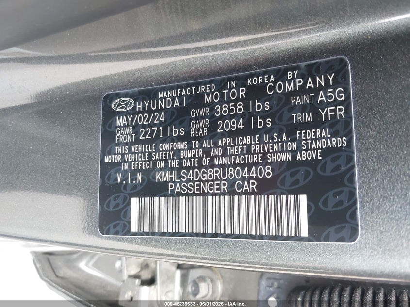 2024 Hyundai Elantra VIN KMHLS4DG8RU804408 IAAI salvage auction — FRONT END, Salvage Title, sold $5,650 on 2026-07-09 (photo 9)