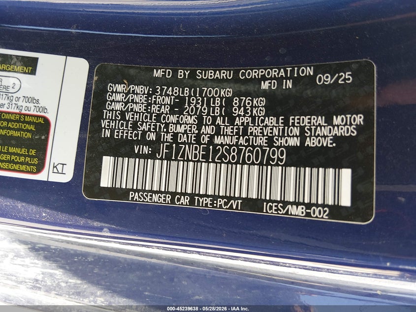 2025 Toyota VIN JF1ZNBE12S8760799 IAAI salvage auction — WATER/FLOOD, Salvage Title, sold $2,050 on 2026-07-30 (photo 9)