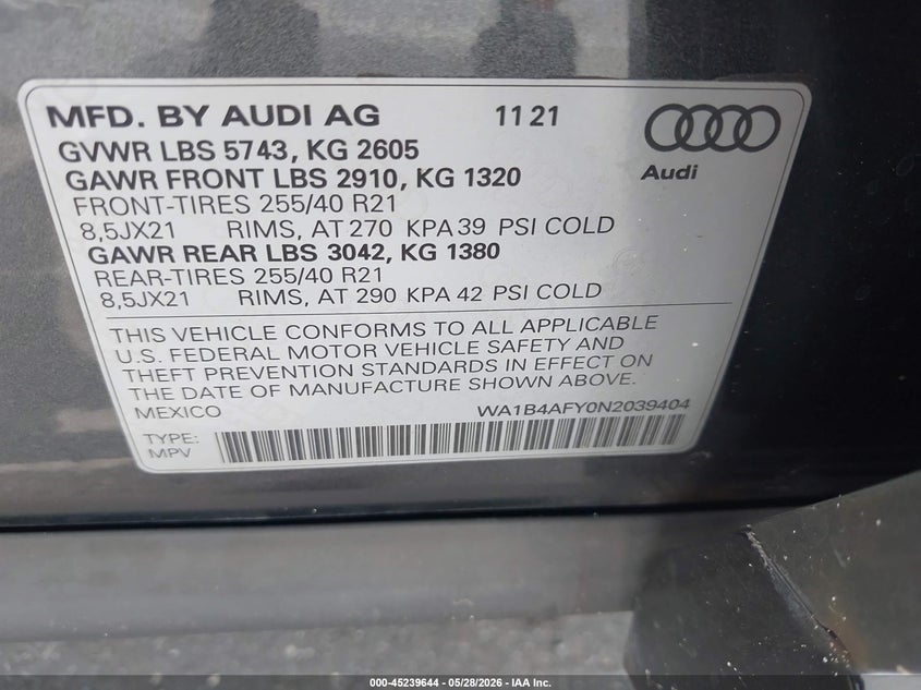 2022 Audi Sq5 VIN WA1B4AFY0N2039404 IAAI salvage auction — FRONT END, Salvage Title, sold $12,500 on 2026-07-06 (photo 9)