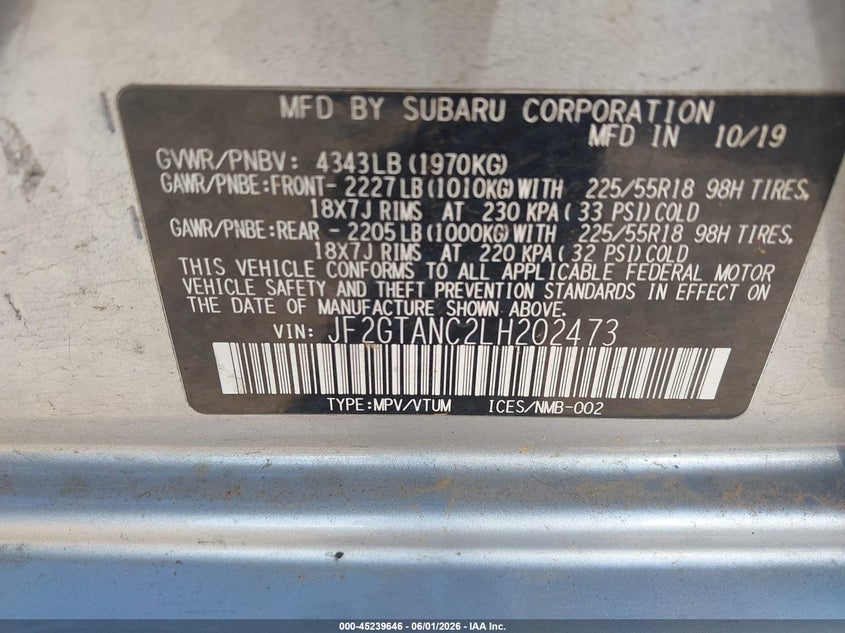 2020 Subaru Xv VIN JF2GTANC2LH202473 IAAI salvage auction — FRONT END, Salvage (Texas), sold $1,400 on 2026-07-28 (photo 9)