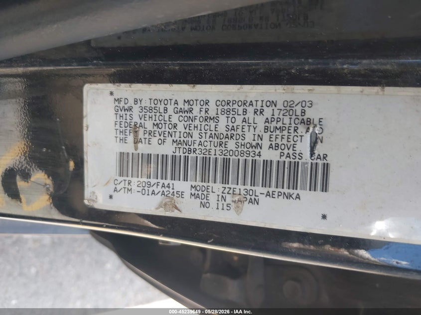 2003 Toyota Corolla VIN JTDBR32E132008934 IAAI salvage auction — LEFT SIDE, Salvage (California), sold $450 on 2026-07-21 (photo 9)