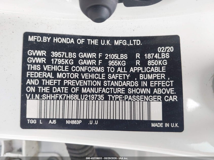 2020 Honda Civic VIN SHHFK7H68LU219735 IAAI salvage auction — REAR END, Salvage Title, sold $4,500 on 2026-07-24 (photo 9)