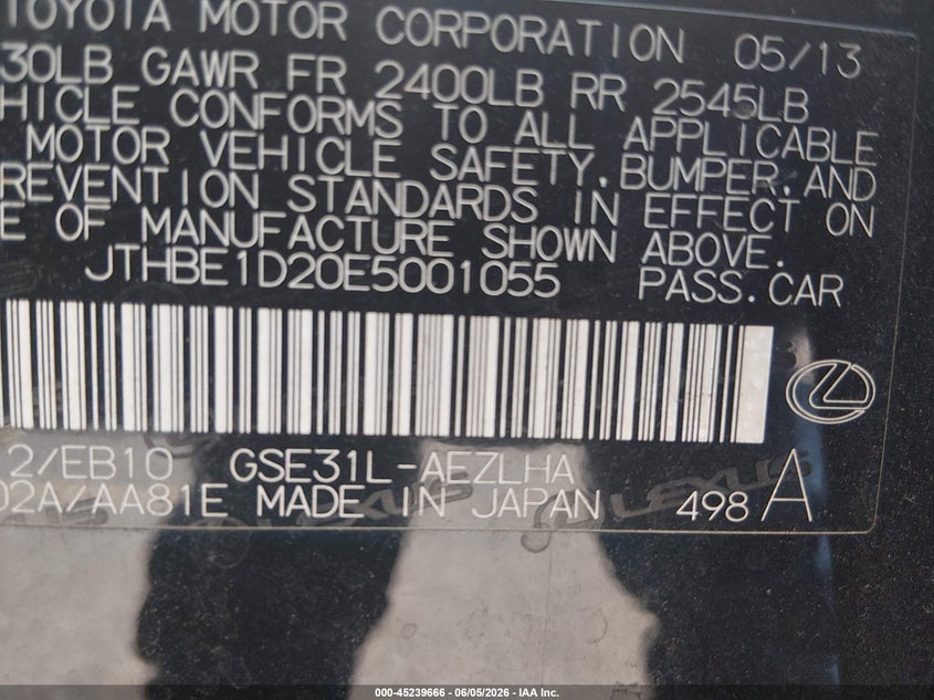 2014 Lexus Is VIN JTHBE1D20E5001055 IAAI salvage auction — REAR END, Salvage Title, sold $7,750 on 2026-07-15 (photo 9)