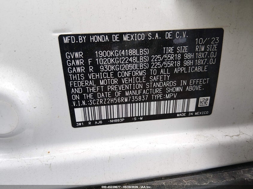 2024 Honda Hr-v VIN 3CZRZ2H56RM735837 IAAI salvage auction — SIDE, Salvage Title, sold $7,300 on 2026-07-31 (photo 9)