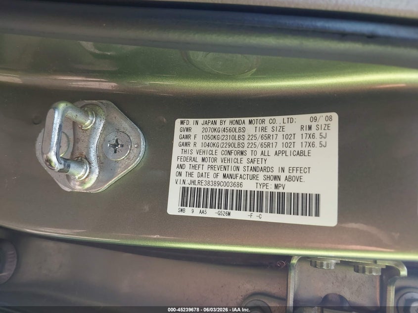 2009 Honda Cr-v VIN JHLRE38389C003686 IAAI salvage auction — FRONT END, Salvage (Hawaii), sold $50 on 2026-07-28 (photo 9)