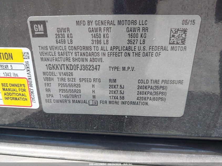 2015 Gmc Acadia VIN 1GKKVTKD0FJ362347 IAAI salvage auction — NORMAL WEAR, Salvage Title, sold $525 on 2026-07-24 (photo 9)
