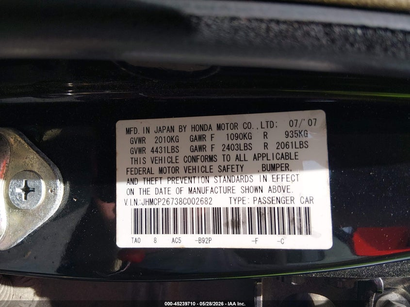2008 Honda Accord VIN JHMCP26738C002682 IAAI salvage auction — ENGINE DAMAGE, Repossession Paperwork (South Carolina), sold $300 on 2026-07-22 (photo 9)