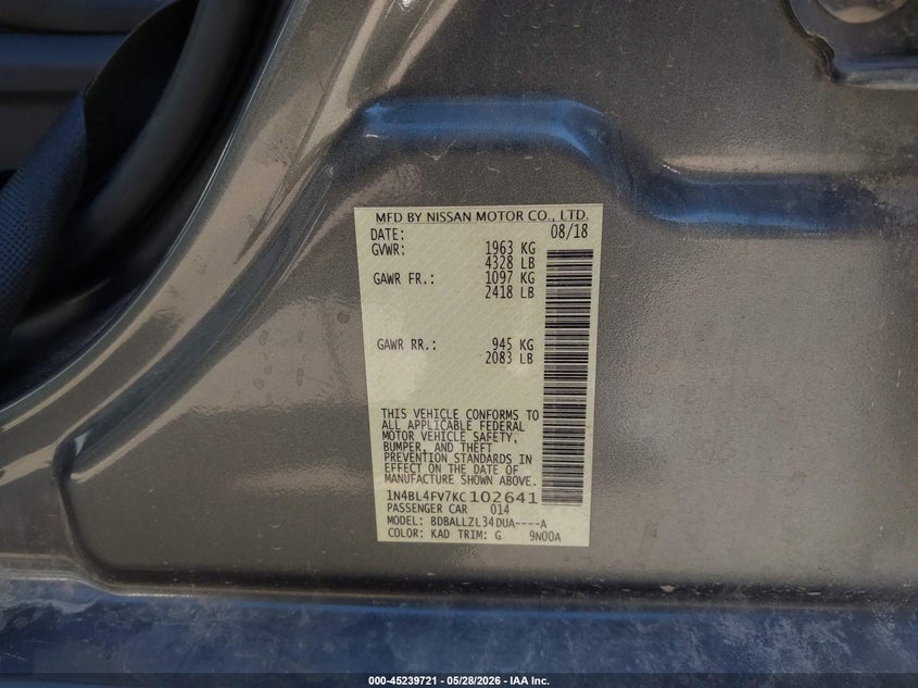 2019 Nissan Altima VIN 1N4BL4FV7KC102641 IAAI salvage auction — FRONT END, Salvage Title, sold $25 on 2026-07-30 (photo 9)