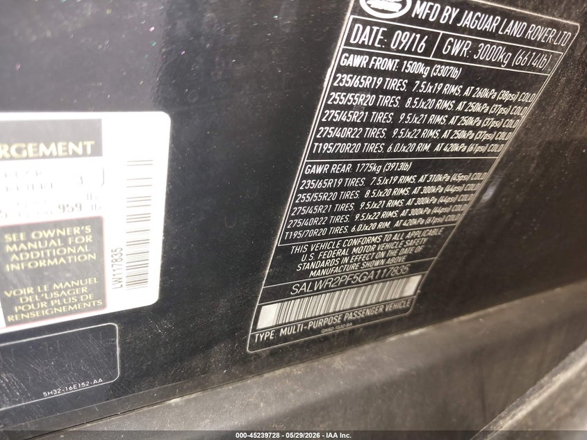 2016 Land rover Range rover sport VIN SALWR2PF5GA117835 IAAI salvage auction — WATER/FLOOD, Salvage (New Jersey), sold $1,775 on 2026-07-20 (photo 9)