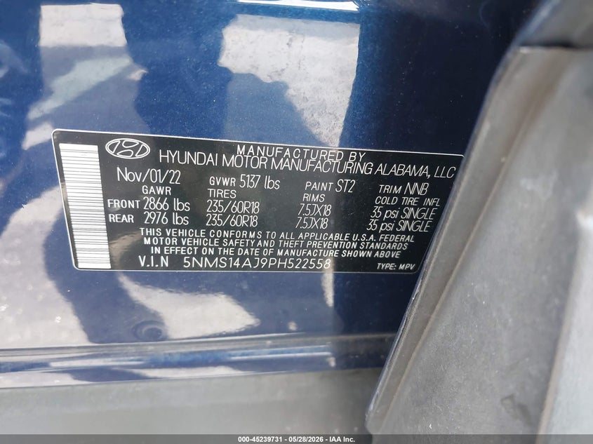 2023 Hyundai Santa fe VIN 5NMS14AJ9PH522558 IAAI salvage auction — RIGHT FRONT, Salvage Title, sold $4,050 on 2026-07-10 (photo 9)