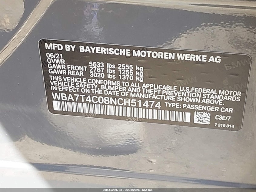 2022 BMW 7er VIN WBA7T4C08NCH51474 IAAI salvage auction — UNKNOWN, Salvage Title, sold $25,050 on 2026-07-07 (photo 9)