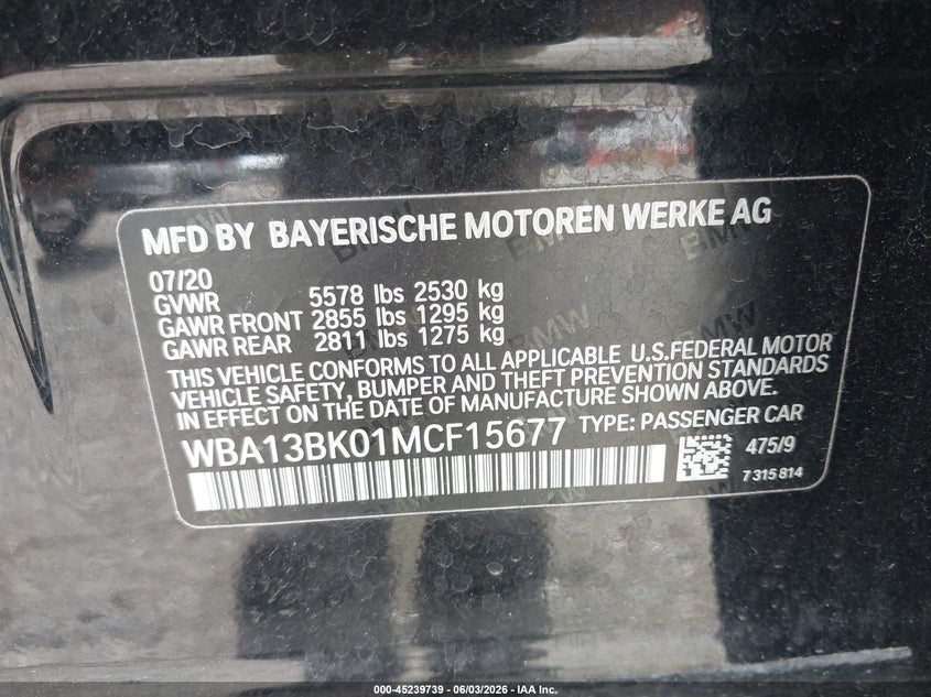 2021 BMW 5er VIN WBA13BK01MCF15677 IAAI salvage auction — LEFT REAR, Salvage (Oregon), sold $22,400 on 2026-08-13 (photo 9)