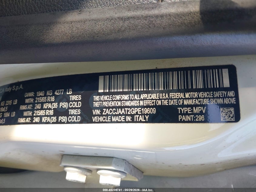 2016 Jeep Renegade VIN ZACCJAAT2GPE19609 IAAI salvage auction — FRONT END, Rebuildable (Florida), sold $775 on 2026-07-21 (photo 9)