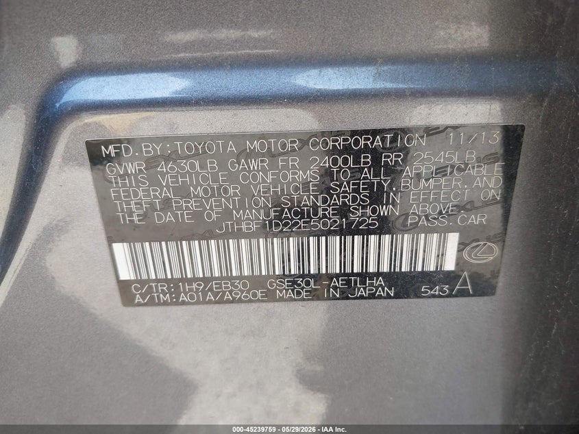 2014 Lexus Is VIN JTHBF1D22E5021725 IAAI salvage auction — FRONT END, Salvage Title, sold $925 on 2026-07-24 (photo 9)