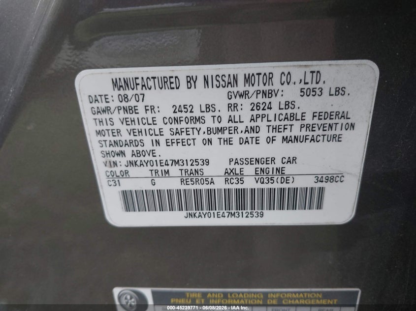 2007 Infiniti M35 VIN JNKAY01E47M312539 IAAI salvage auction — FRONT END, Salvage (Tennessee), sold $25 on 2026-07-09 (photo 9)