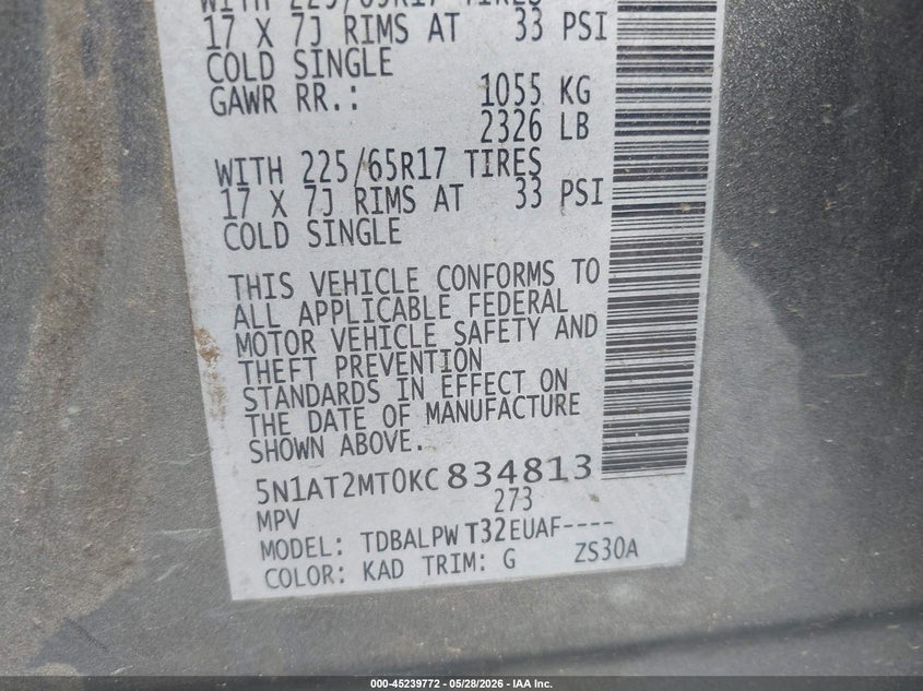 2019 Nissan Rogue VIN 5N1AT2MT0KC834813 IAAI salvage auction — FRONT END, Salvage Title, sold $550 on 2026-07-18 (photo 9)