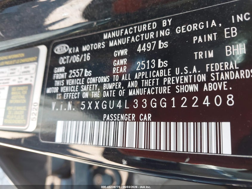 2016 Kia Optima VIN 5XXGU4L33GG122408 IAAI salvage auction — FRONT & REAR, Salvage Title, sold $1,625 on 2026-07-08 (photo 9)