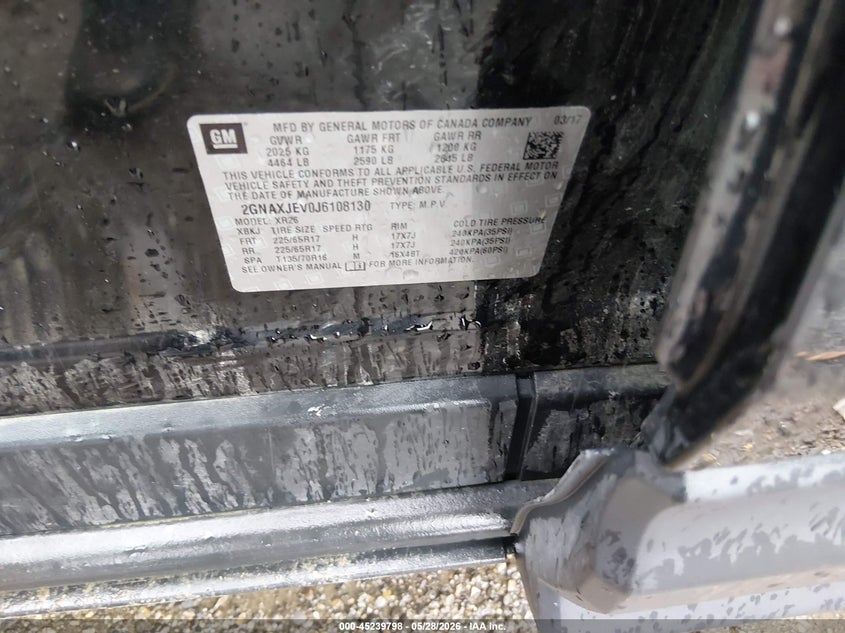2018 Chevrolet Equinox VIN 2GNAXJEV0J6108130 IAAI salvage auction — HAIL, Salvage Title, sold $100 on 2026-07-24 (photo 9)
