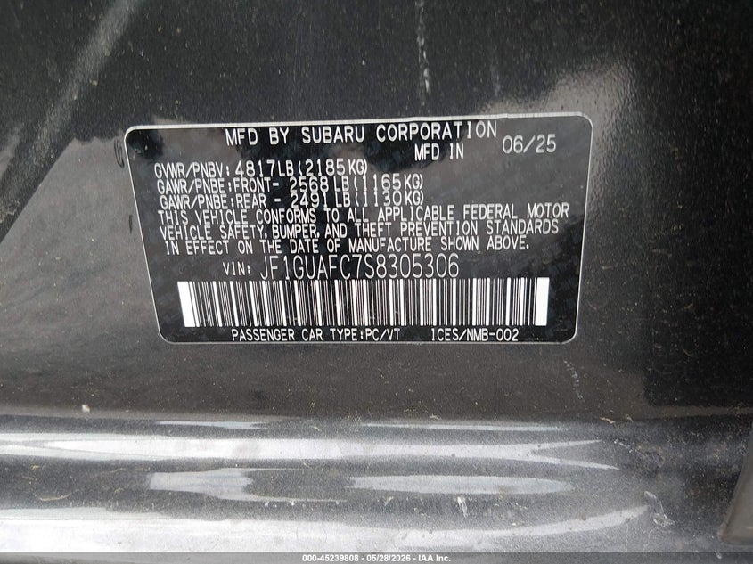 2025 Subaru Impreza VIN JF1GUAFC7S8305306 IAAI salvage auction — SIDE, Salvage Title, sold $6,700 on 2026-07-31 (photo 9)