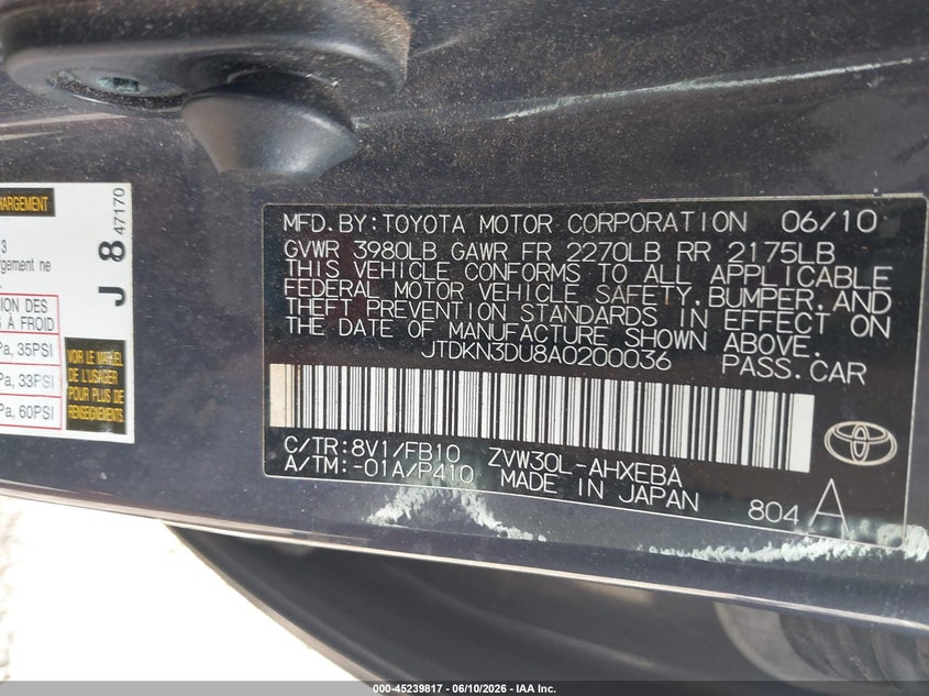 2010 Toyota Prius VIN JTDKN3DU8A0200036 IAAI salvage auction — RIGHT FRONT, Salvage (Ohio), sold $825 on 2026-07-15 (photo 9)