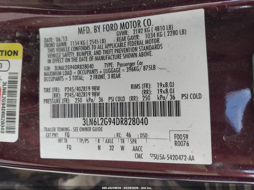 2013 Lincoln Mkz VIN 3LN6L2G94DR828040 IAAI salvage auction — SIDE, Salvage Title, sold $300 on 2026-07-09 (photo 9)