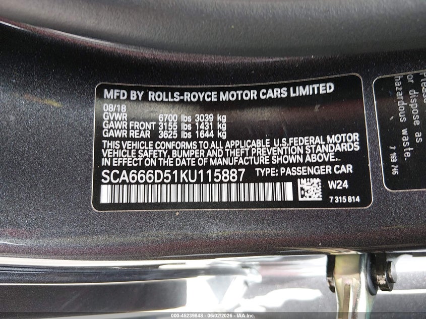 2019 Rolls-royce Dawn VIN SCA666D51KU115887 IAAI salvage auction — LEFT FRONT, Salvage (California), sold $93,700 on 2026-09-23 (photo 9)