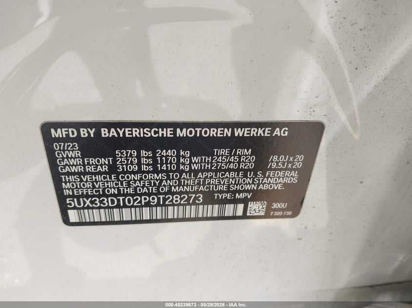 2023 BMW X4 VIN 5UX33DT02P9T28273 IAAI salvage auction — LEFT FRONT, Salvage Title, sold $20,000 on 2026-07-14 (photo 9)