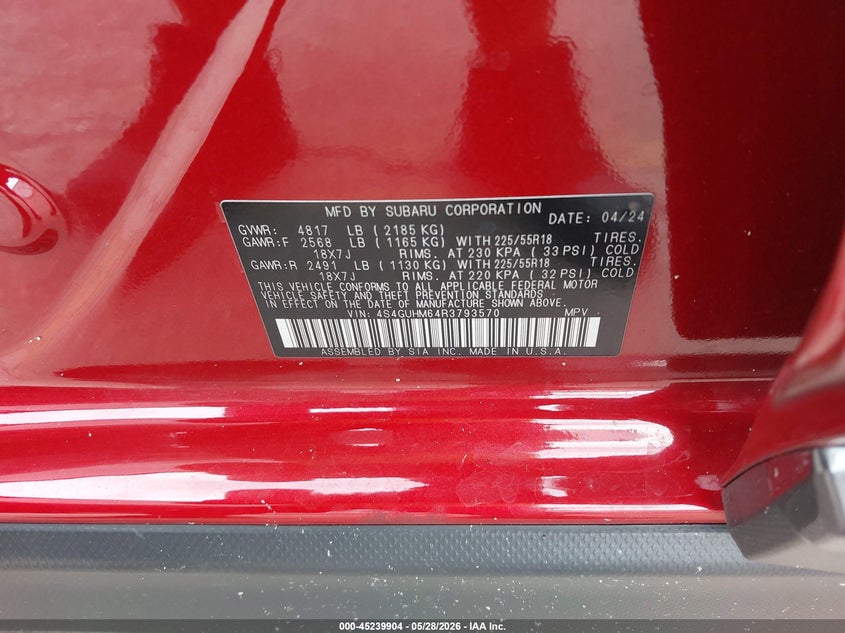 2024 Subaru VIN 4S4GUHM64R3793570 IAAI salvage auction — FRONT END, Salvage Title, sold $5,000 on 2026-07-10 (photo 9)