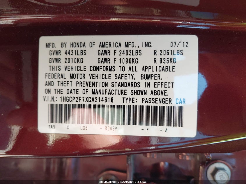 2012 Honda Accord VIN 1HGCP2F7XCA214616 IAAI salvage auction — LEFT FRONT, Salvage Title, sold $725 on 2026-08-01 (photo 9)